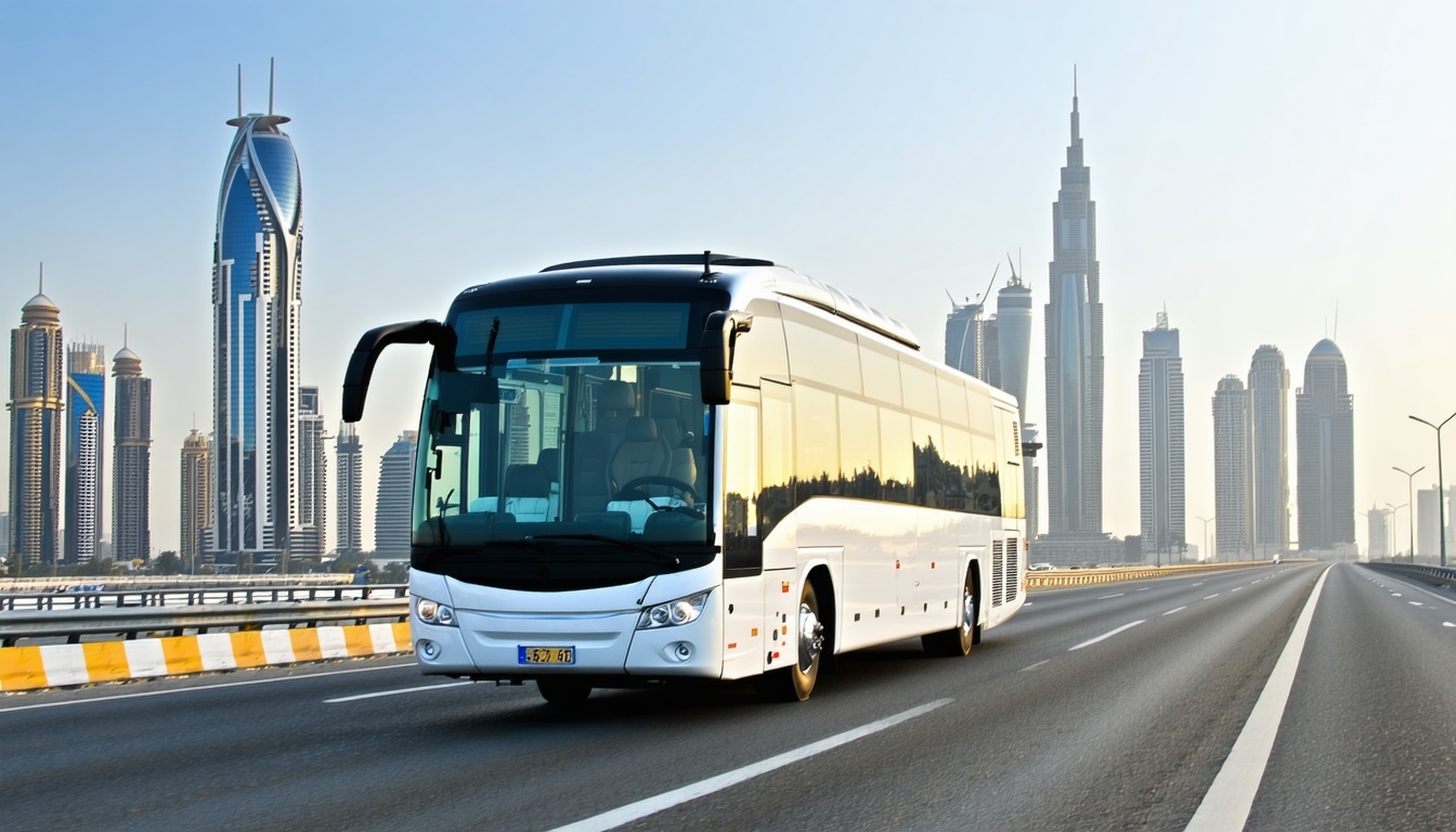 Modern bus on Dubai highway with city skyline