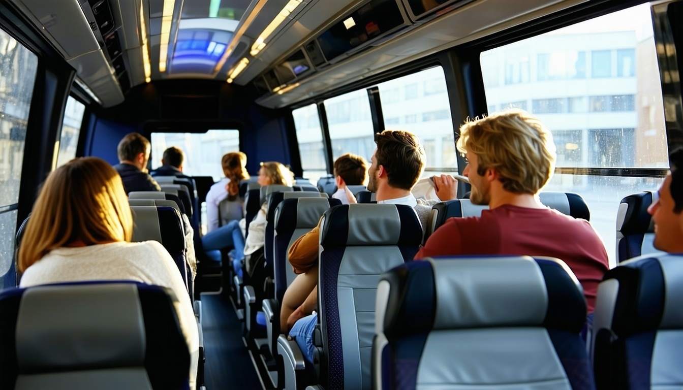 Travellers relaxing inside a luxury coach